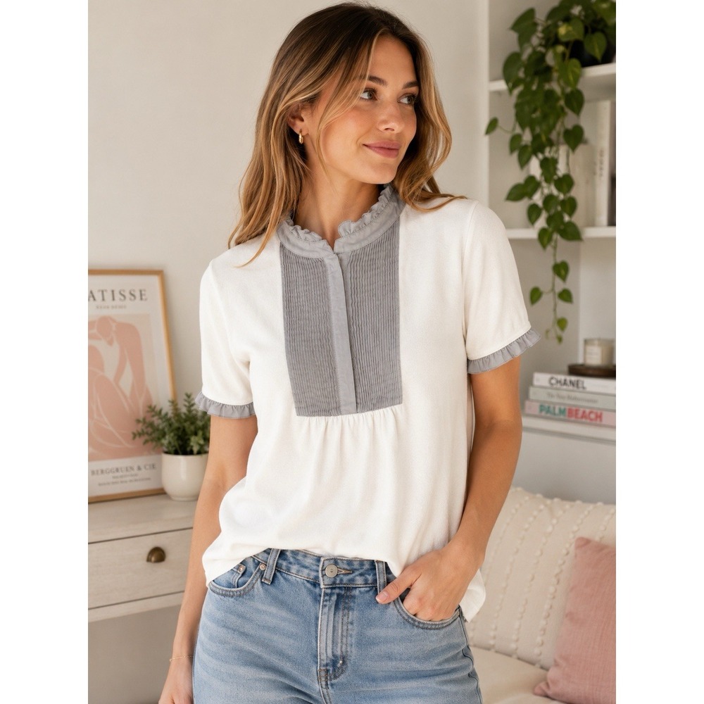 Tommy Hilfiger Cotton Cashmere Sweater Top Gray Pleated Bib Ruffle Neck L